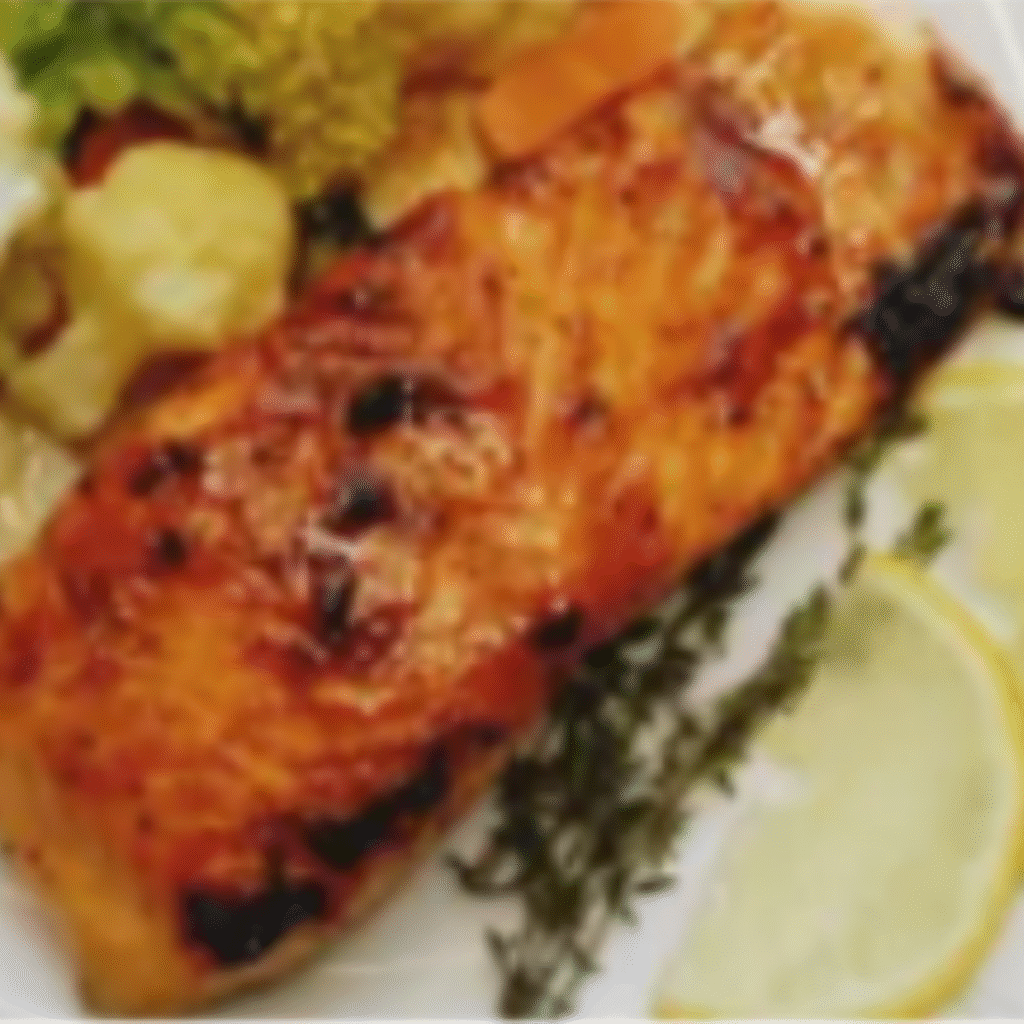 salmón caramelizado con verduras