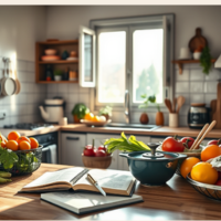 mesa de cocina con algunas frutas y libretas para anotar