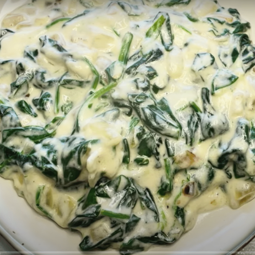 plato lleno de espinacas a la crema humeantes