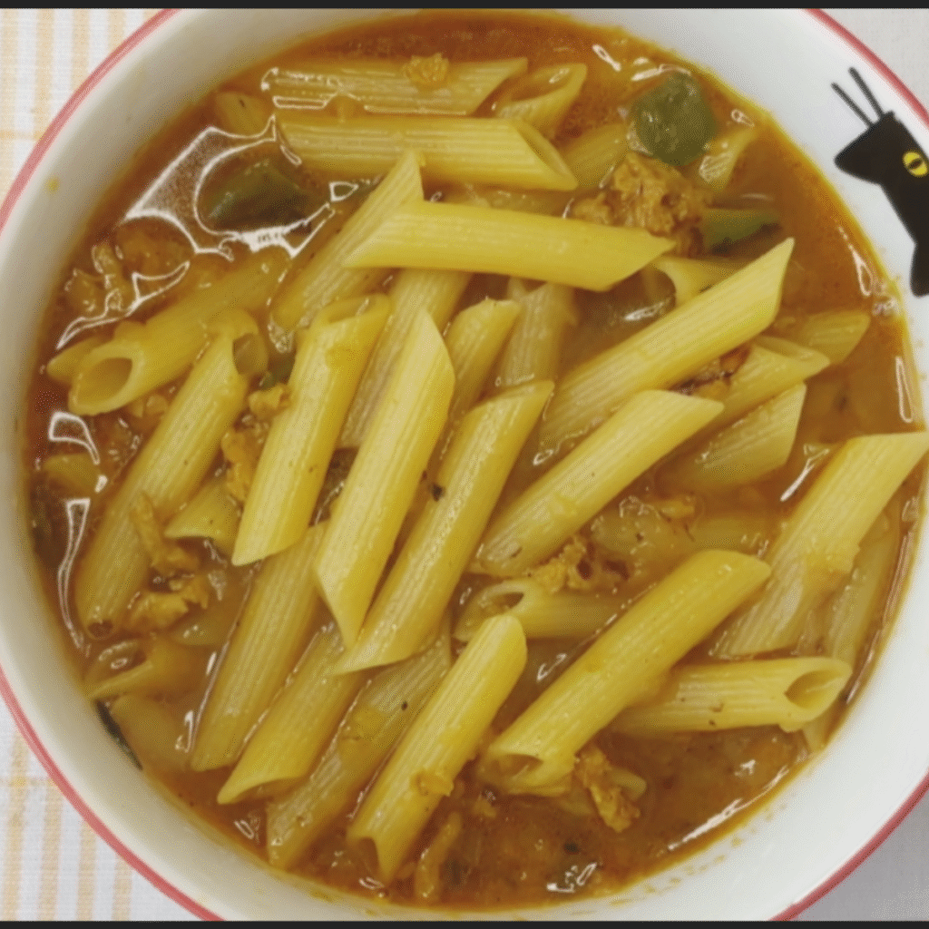 tazón de pasta guisada casera humeante