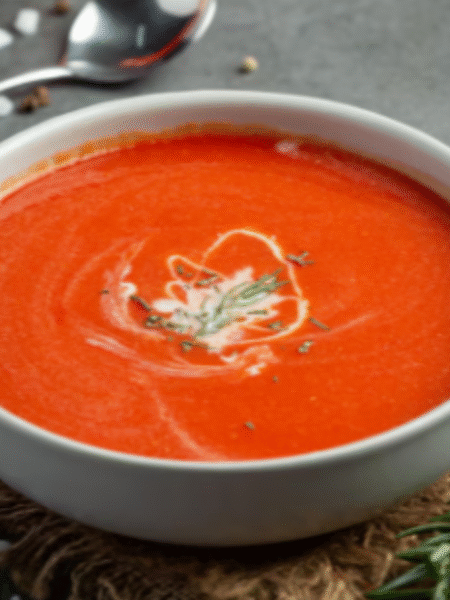 bol de sopa de tomate decorado con una hojita de pereji