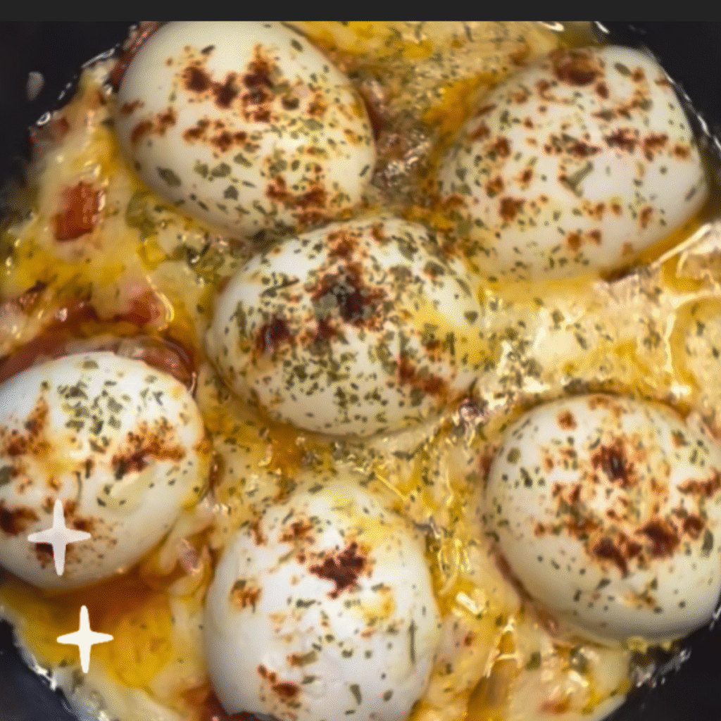 Cada mitad de huevo puesta sobre tomate, con la base de sofrito. Arededor hay queso fundido, y encima se ha espolvoreado pimentón y orégano