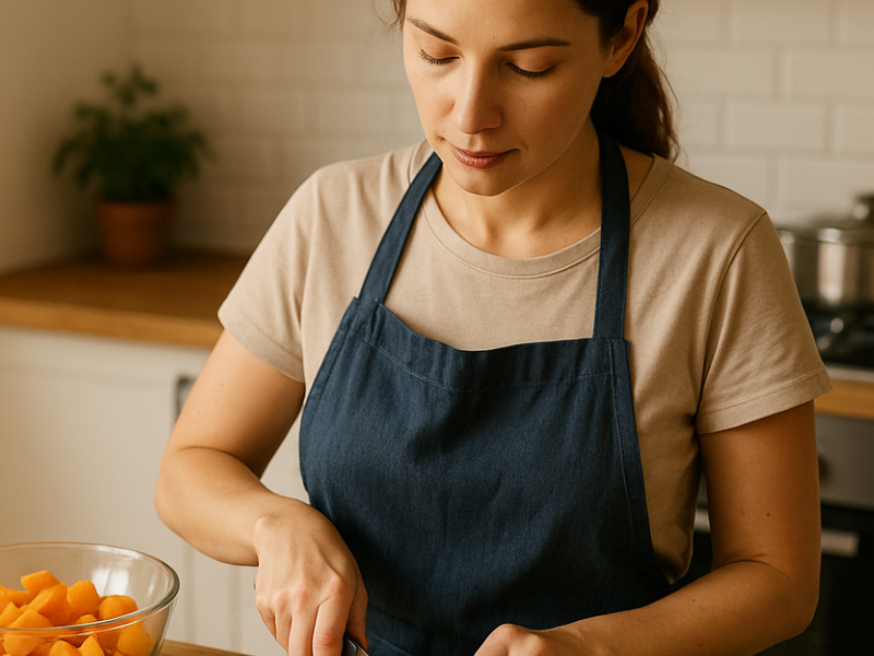 mujer con delantal lista para empezar a cocinar