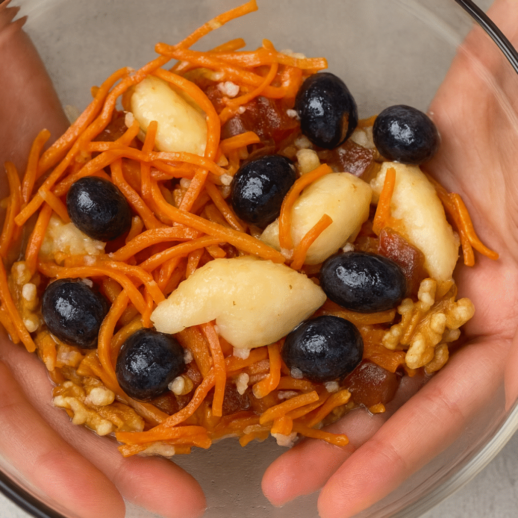 ensalada de patata, zanahoria y remolacha en bol de cristal