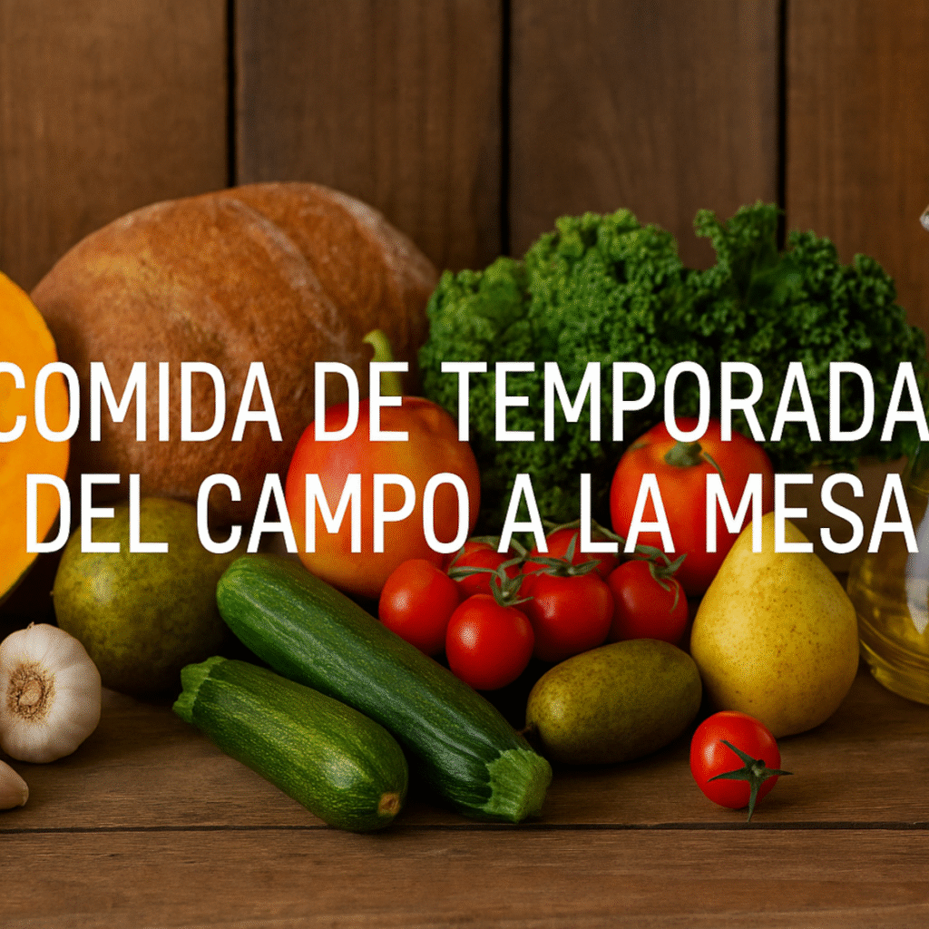 frutas y verduras sobre la mesa con cartel de productos de temporada