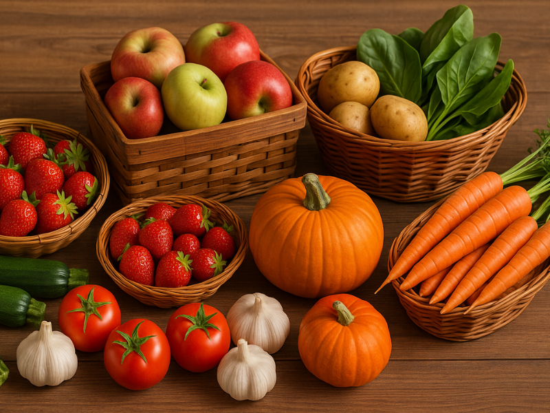 productos de temporada sobre mesa de madera