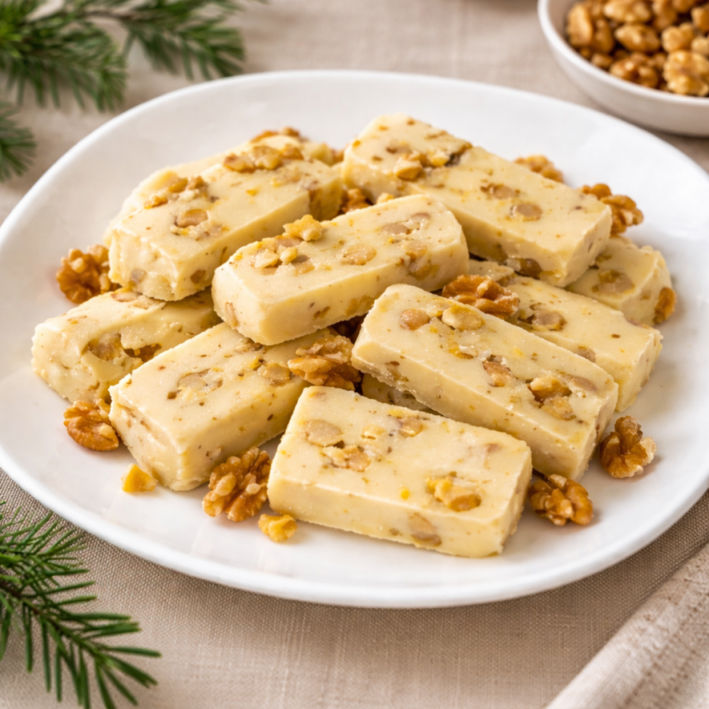 plato con porciones de turrón de nata y nueces