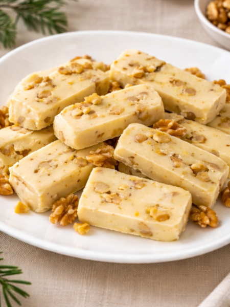 plato con porciones de turrón de nata y nueces