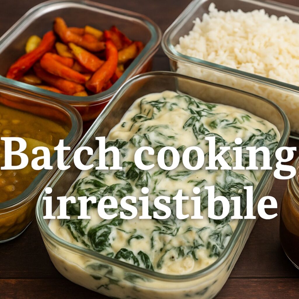 varios tupper sobre la mesa con comida con cartel de batch cooking