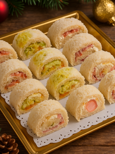 entrantes fáciles de navidad con pan bimbo en bandeja dorada