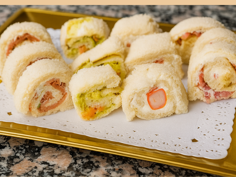 entrantes fáciles de navidad con pan bimbo en bandeja dorada en la encimera