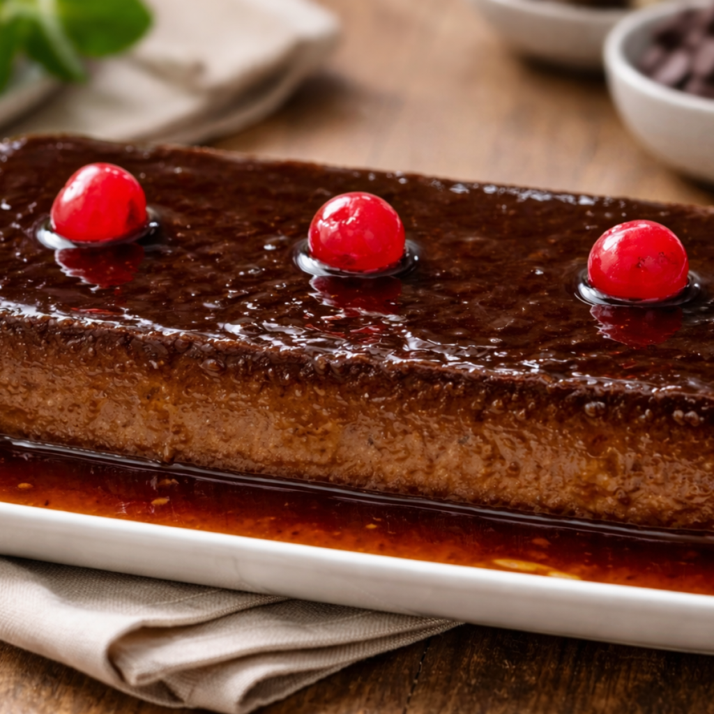 flan de chocolate con guindas
