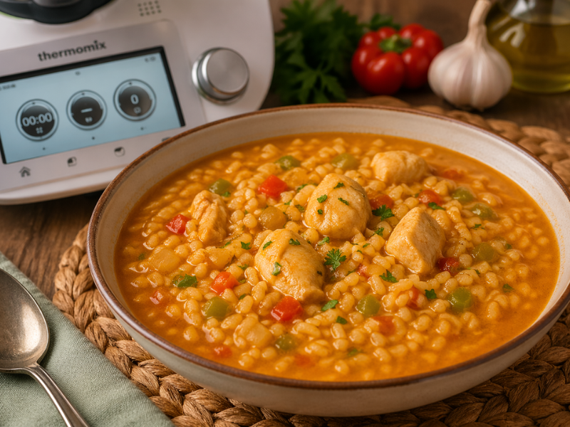 plato de arroz caldoso en thermomix en la mesa con algunos ingredientes