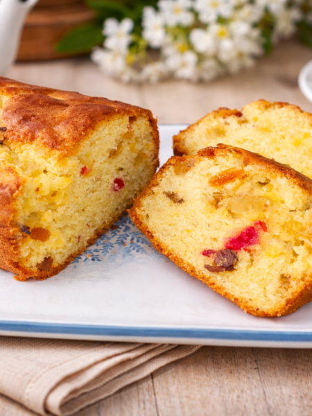 plum cake casero cortado en bandeja rectangular